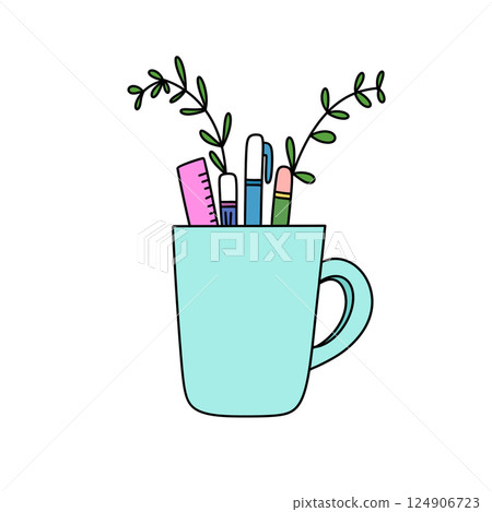 A blue mug with pens, pencils, and a ruler inside 124906723