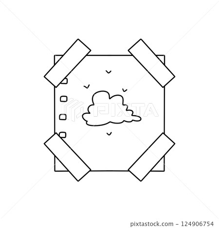 A white and black drawing of a cloud with a piece of tape on the top left corner 124906754