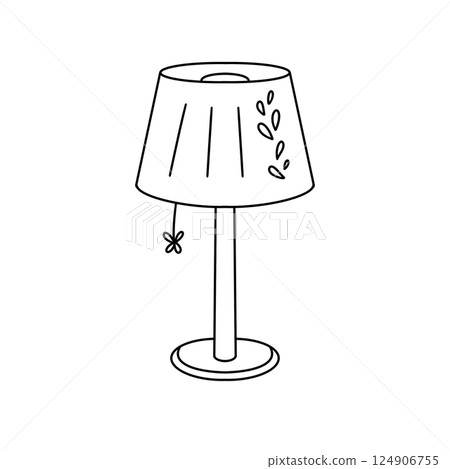 A lamp with a leafy shade is drawn in black and white A lamp with a leafy shade is drawn in black and white 124906755