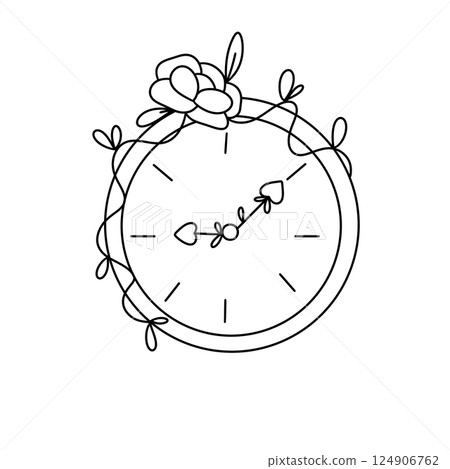 A flowery clock with a rose and leaves on it A flowery clock with a rose and leaves on it 124906762
