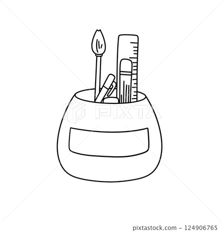 A white bowl with a black label that says "Pencil holder" and a black ruler A white bowl with a black label that says "Pencil holder" and a black ruler 124906765
