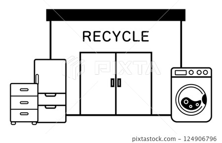 Recycle shop for home appliances etc. Monochrome illustration Recycle shop for home appliances etc. Monochrome illustration 124906796