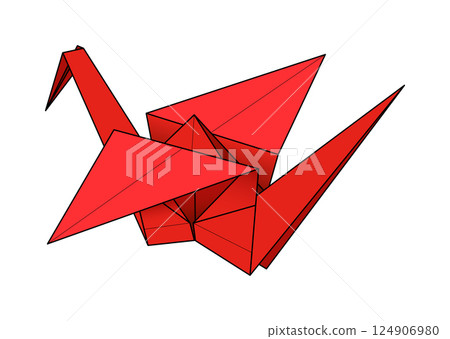 Tsuru, a red origami paper crane. Orizuru, most classic Japanese origami design, traditionally made of folding paper, used as decoration, as present or as peace symbol. Isolated illustration. Vector Tsuru, a red origami paper crane. Orizuru, most classic Japanese origami design, traditionally made of folding paper, used as decoration, as present or as peace symbol. Isolated illustration. Vector 124906980