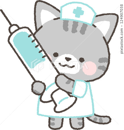 Tabby cat nurse holding a syringe Tabby cat nurse holding a syringe 124907038
