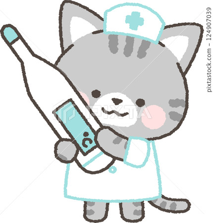 Tabby cat nurse holding a thermometer Tabby cat nurse holding a thermometer 124907039