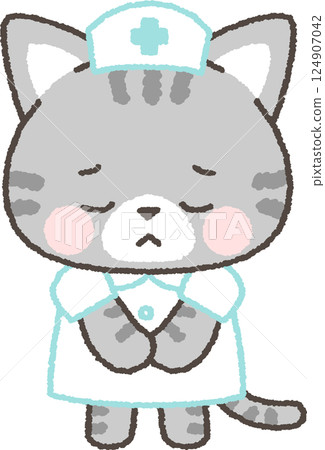 A tabby cat nurse apologizing apologetically 124907042