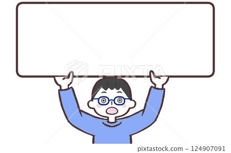 Illustration of a surprised young man with glasses holding a sign Illustration of a surprised young man with glasses holding a sign 124907091