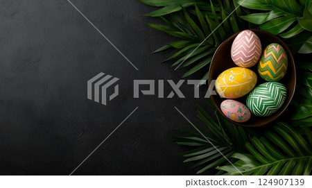 colorful easter egg on stone background 124907139