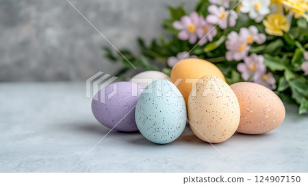 pastel eggs in nest with flower 124907150