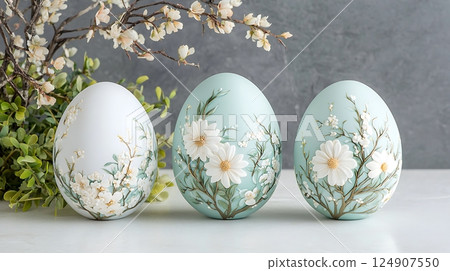 easter composition with eggs and willow branches 124907550
