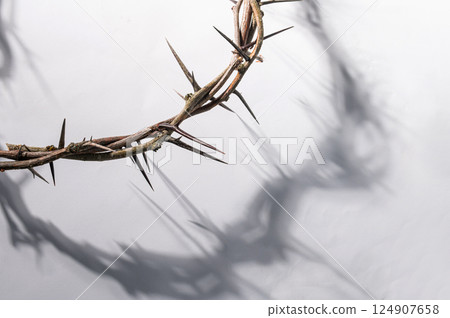 Crown of thorns casting a distinct shadow on a white background, creating a symbolic image of suffering, sacrifice easter and remembrance Copy space for text good friday Banner 124907658