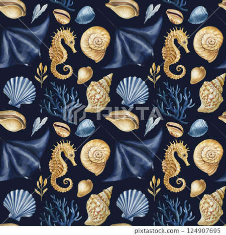 watercolor seamless pattern seahorse stingray seashells coral, underwater ocean creatures hand painted marine style 124907695