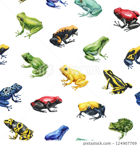 colorful watercolor seamless pattern with different tropical frogs on white background for wildlife and nature design colorful watercolor seamless pattern with different tropical frogs on white background for wildlife and nature design 124907709