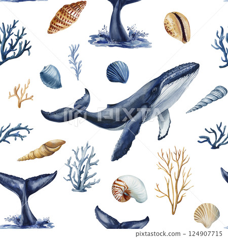 watercolor seamless pattern with whales tails seashells, coral underwater ocean marine animals illustration sea design watercolor seamless pattern with whales tails seashells, coral underwater ocean marine animals illustration sea design 124907715
