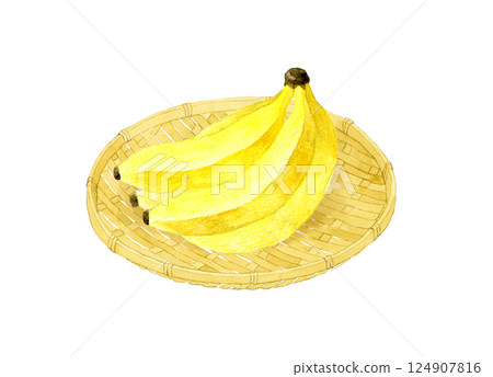 Bananas on a bamboo basket Hand-drawn watercolor illustration of fruit 124907816