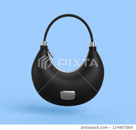 3d black women bag mockup. Elegant leather small handbag with zipper metal hardware. Fashion girl accessory original rounded shape. Classic woman purse with handle Cartoon render icon. 3D illustration 124907869