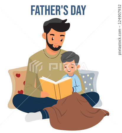 Father's Day concept with a cartoon illustration of Dad reading a bedtime story to his son. Vector illustration eps10 Father's Day concept with a cartoon illustration of Dad reading a bedtime story to his son. Vector illustration eps10 124907932