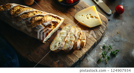 Sliced rustic bread with melted cheese 124907934