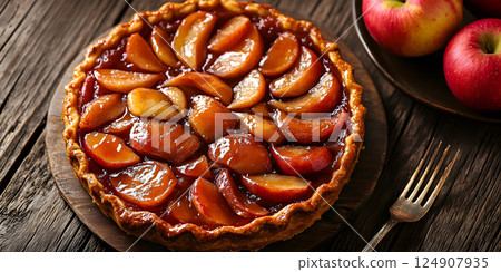 Glazed apple tart with golden crust 124907935