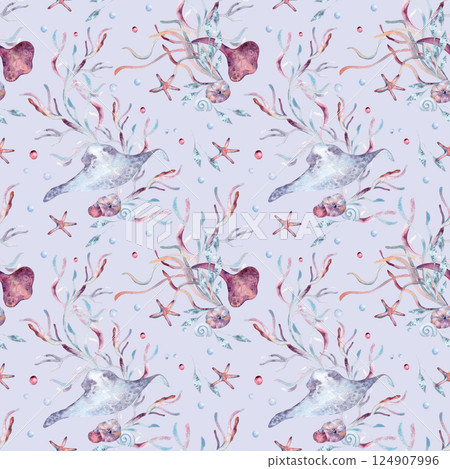 Gentle seamless sea life design with corals, stingrays, starfish, and seaweed hand painted in pastel watercolor isolated. Underwater repeated pattern for wrapping, home decor, and ocean branding. Gentle seamless sea life design with corals, stingrays, starfish, and seaweed hand painted in pastel watercolor isolated. Underwater repeated pattern for wrapping, home decor, and ocean branding. 124907996