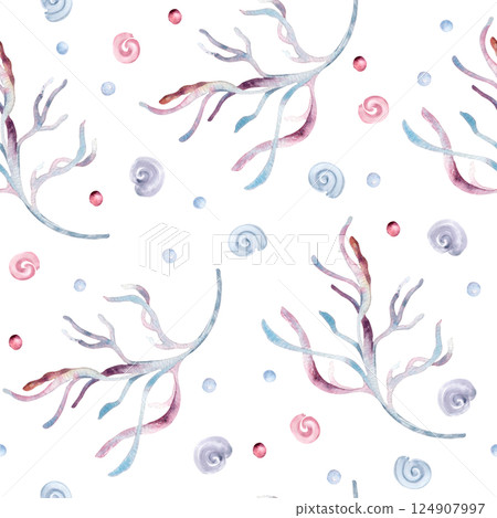 Underwater seamless pattern of monochrome dusty pink sea plants and bubbles, curl watercolor on white. Repeated background hand drawn for marine prints, wrapping paper, stationery, textile designs. Underwater seamless pattern of monochrome dusty pink sea plants and bubbles, curl watercolor on white. Repeated background hand drawn for marine prints, wrapping paper, stationery, textile designs. 124907997
