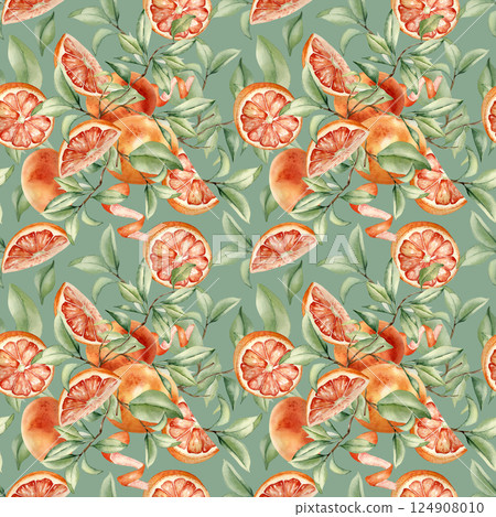 Grapefruit tree foliage watercolor seamless pattern on isolated background. Bright summer repeated texture hand drawn with citrus fruits sliced, red orange ripe, branches leaves for design textile Grapefruit tree foliage watercolor seamless pattern on isolated background. Bright summer repeated texture hand drawn with citrus fruits sliced, red orange ripe, branches leaves for design textile 124908010