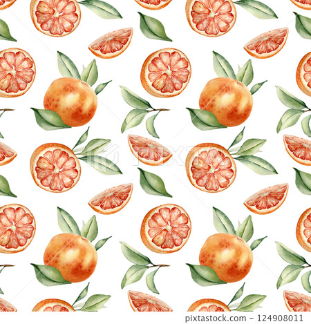 Red oranges, leaves watercolor seamless background isolated. Citrus summer textile pattern. Whole and half grapefruit and foliage hand drawn. Juicy fruits fresh texture in botanical style painted. Red oranges, leaves watercolor seamless background isolated. Citrus summer textile pattern. Whole and half grapefruit and foliage hand drawn. Juicy fruits fresh texture in botanical style painted. 124908011