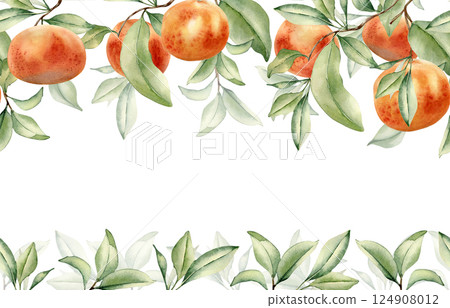 Grapefruits on branches and leaves in watercolor on seamless border isolated. Citrus tree greenery sprigs hand drawn on repeating banner. Foliage summer fresh texture for invitation, packaging, label. 124908012