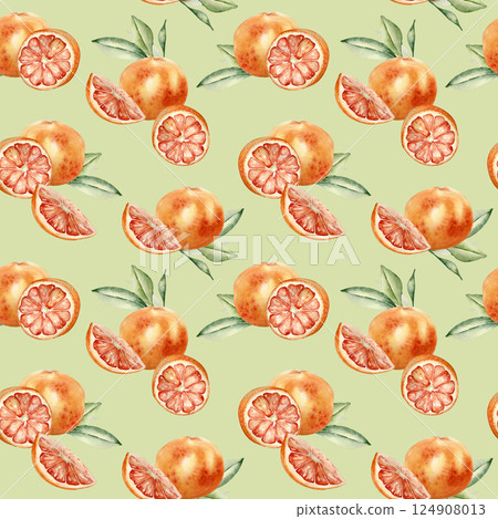 Watercolor whole Grapefruits on repeated texture isolated. Slice grapefruits and leaves hand drawn sketch. Juicy fresh summer seamless pattern with citrus in botanical style for packaging, textile. Watercolor whole Grapefruits on repeated texture isolated. Slice grapefruits and leaves hand drawn sketch. Juicy fresh summer seamless pattern with citrus in botanical style for packaging, textile. 124908013