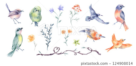 Birds and simple flowers watercolor set isolated on white. Orange, blue floral illustrations and tiny birds hand drawn. Botanical elements and sparrows pastel tones for greeting cards, kids' decor. Birds and simple flowers watercolor set isolated on white. Orange, blue floral illustrations and tiny birds hand drawn. Botanical elements and sparrows pastel tones for greeting cards, kids' decor. 124908014
