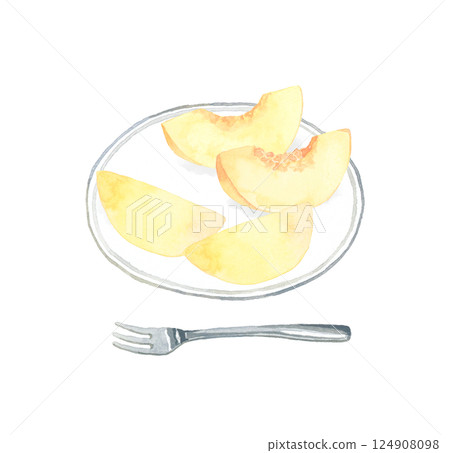 Peaches served on a white plate Hand-drawn watercolor illustration of fruit 124908098