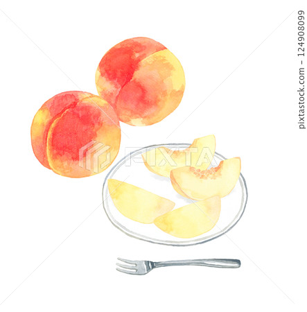 桃子放在白盤子裡手繪水果水彩插圖 124908099