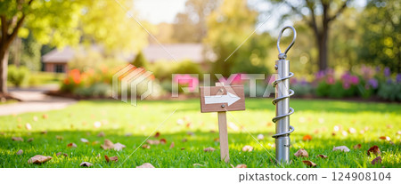 Wooden sign with right arrow on green grass near metal spiral post, surrounded by fallen leaves and vibrant flowers, with soft focus trees and shrubs in the background 124908104