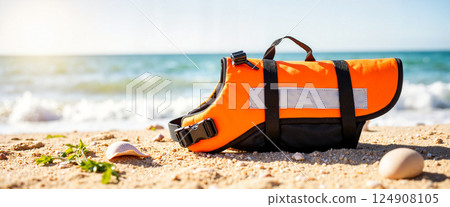 Orange life jacket with black straps lies on sandy beach, surrounded by seashells and a smooth rock. Ocean waves and blue sky visible in the background. Bright daylight 124908105