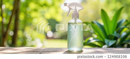 Mister spray bottle with clear liquid on wooden surface, surrounded by lush green plants, blurred background with natural light creating bokeh, conveying freshness and cleanliness 124908106