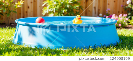 Small blue kiddie pool on grass with yellow rubber duck and red ball floating. Wooden fence and colorful flowers in soft focus. Bright, sunny outdoor setting. Relaxing summer vibe 124908109