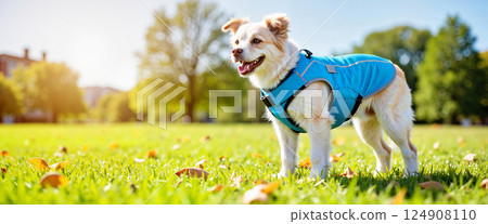 Fluffy dog wearing a blue vest stands on vibrant green grass with scattered autumn leaves. The sun shines brightly, casting a warm glow. Trees and buildings appear blurred in the distance 124908110