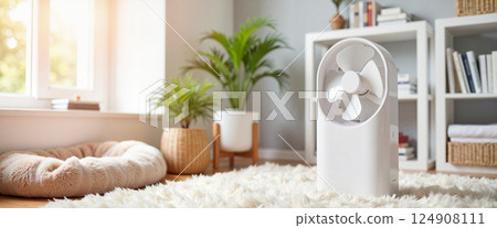 Compact white fan on a plush white rug near a cozy brown pet bed by the window. Green potted plants and a shelf with books add comfort to the well-lit room 124908111