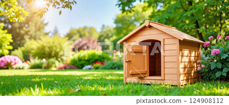Cozy wooden dog house with open door on lush green grass in a colorful garden. Bright sunlight filters through trees, highlighting vibrant flowers and a tranquil outdoor scene 124908112