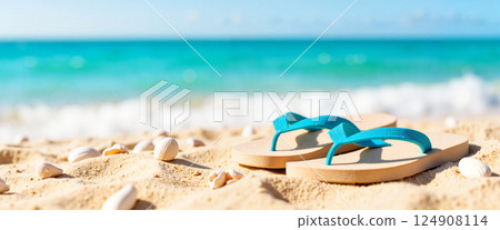 Flip-flops with blue straps rest on sandy beach scattered with seashells. Turquoise sea and waves blur in the background under a bright, clear sky, suggesting a summer vibe Flip-flops with blue straps rest on sandy beach scattered with seashells. Turquoise sea and waves blur in the background under a bright, clear sky, suggesting a summer vibe 124908114