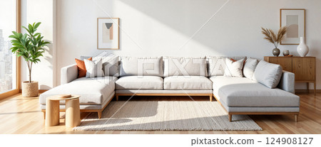 Modern living room features a large light gray sectional sofa adorned with various pillows, a pair of wooden stools, framed artwork, a potted plant, and a cabinet with decor 124908127