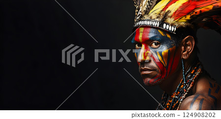 Tribal warrior in traditional face paint and feather headdress 124908202