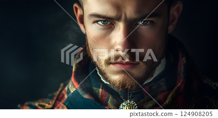 Mysterious man in vintage tartan with intense gaze 124908205