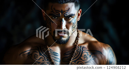 Tribal warrior with traditional facial tattoos 124908212