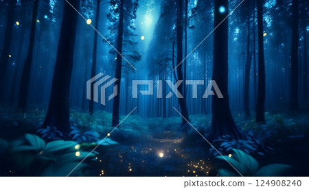 3D illustration of countless firefly lights shining in the forest at night 124908240