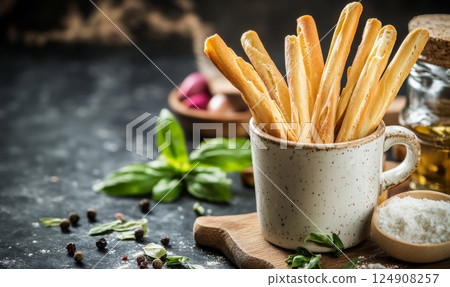 Grissini breadsticks in a cup on rustic background 124908257