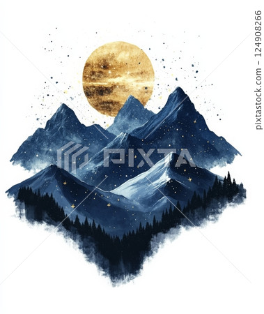 Artistic watercolor painting of dark blue mountains with snowy peaks. 124908266