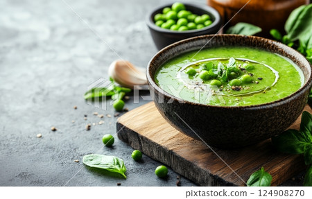 Bowl of creamy green pea soup garnished with whole peas and cracked black pepper on a wooden board. 124908270