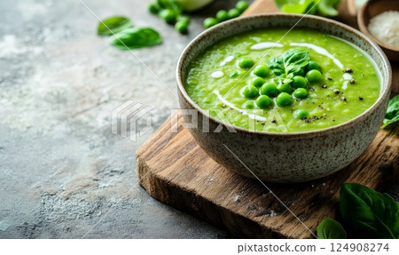 Bowl of creamy green pea soup garnished with whole peas and cracked black pepper on a wooden board. 124908274