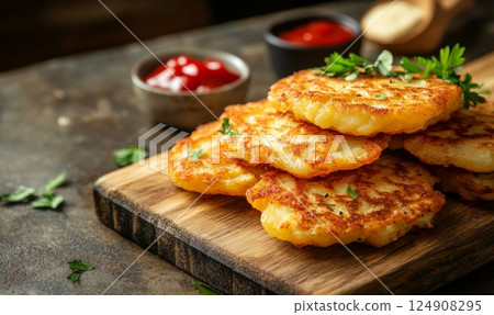 Golden brown potato pancakes garnished with parsley on a wooden board with a fresh tomato and greenery. 124908295